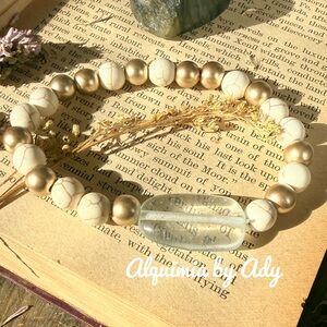 ✨White Marble & Gold Bracelet • Clear Quartz Center • Boutique Stack